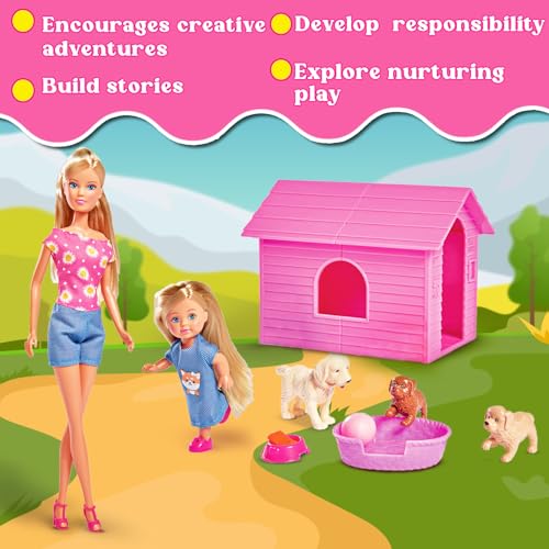 Image of Steffi & Evi Happy Animal Set| Pretend Play Doll Set with Adorable Pets| Encourage Interactive & Imaginative Play| with 16+ Animal Accessories & Shelter (Dogs)