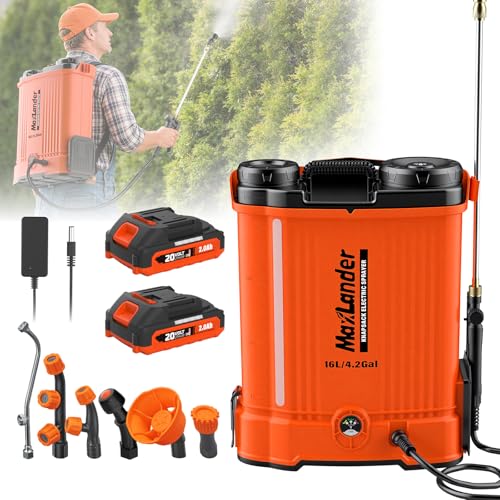 Maxlander Battery Powered Backpack Sprayer 4.2 Gallon, Electric Graden Sprayer Works with 2 x 20V 2.0Ah Battery, 90 PSI Adjustable Pressure Sprayer with 6 Spray Nozzles