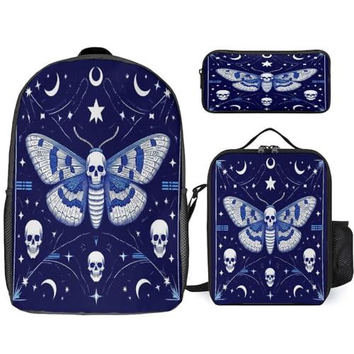 Casual Lightweight Goth Moth Dead Skull Moon Backpack for Adults, Pencil Pouch Easy to Clean, Lunch Bag with Adjustable Shoulder Strap