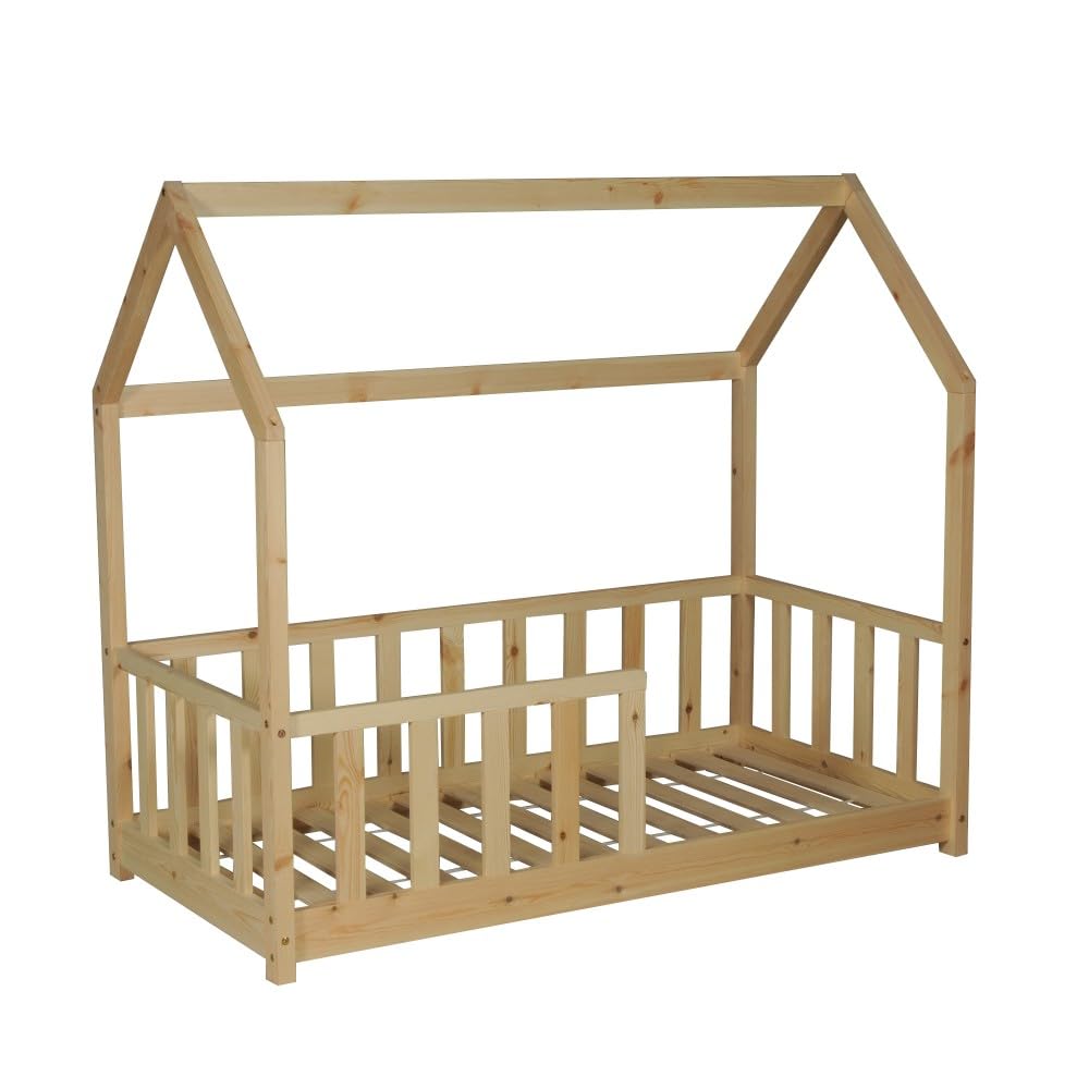 WEBER INDUSTRIES Lit cabane Kiwi 70x140 + 1 sommier + barrière/Bois Clair | 1 sommier inclus, Barrière incluse