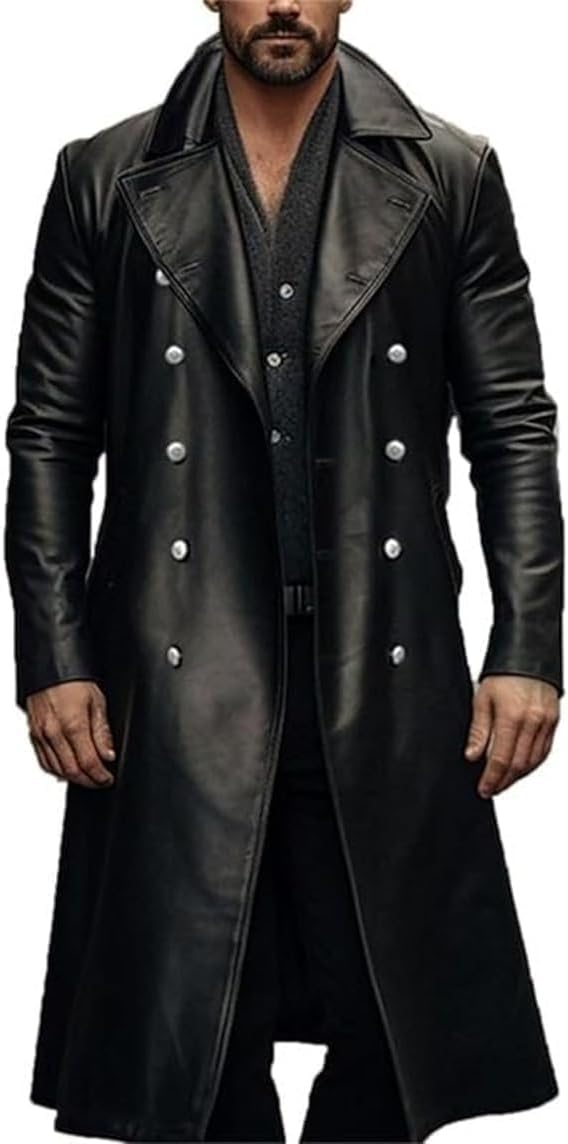 Long Leather Jakcet for Men Retro Slim Fit Motorcyle Trench Coat Full Length Faux Leather Overcoat Windbreaker