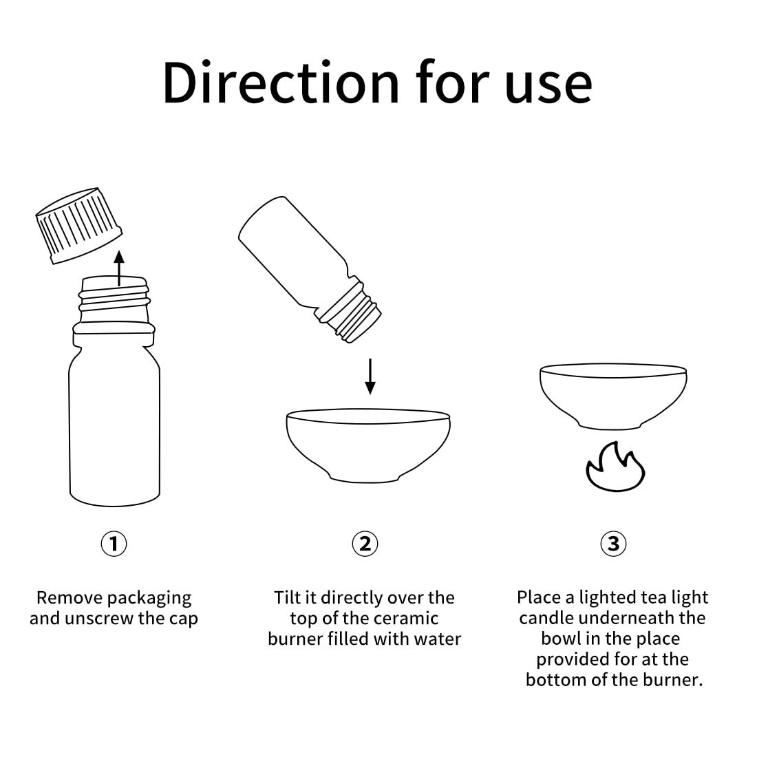Diagram showing three steps for using essential oil: 1. Unscrew cap, 2. Pour oil into water-filled bowl, 3. Place candle under burner.