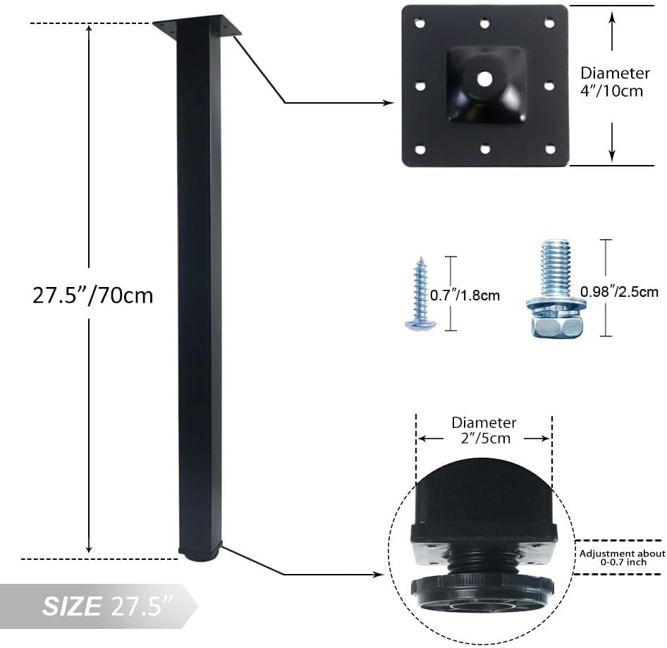 qlly 27.5 inch / 70cm square adjustable metal table legs, sturdy heavy duty furniture legs with leveling feet, set of 4, black for workbench, industrial desk and custom diy furniture 27.5 inch black