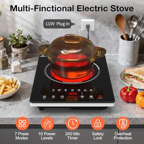 Image of Single Burner Electric Cooktop 1800W, Portable Electric Stove Hot Plate | Nafewin Countertop Stove Top Burner with 8 Power Settings, 4-Hour Timer Child Safety Lock for Apartment, Dorm & Small Kitchen