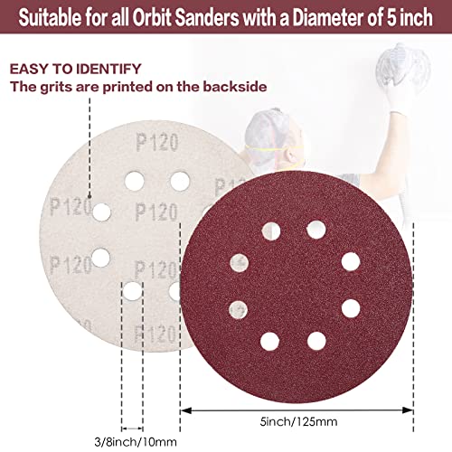 STEBRUAM 100 Stück Schleifpapier 125mm Klett 120 körnung,Profi 125 Schleifscheiben Rund 8 Loch für Exzenterschleifer