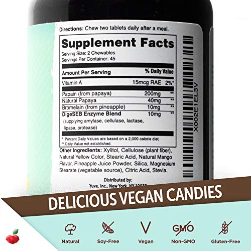 Yuve All Natural Papaya Chewable Digestive Enzymes - Sugar-Free Tablets - Boosts Digestive System - Constipation & Bloating Aid, Detox, Leaky Gut Repair Plus Gas Relief - Non-GMO - Mango Flavor - 90ct