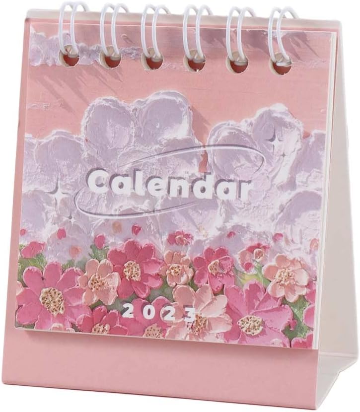 2023 Mini Desk Calendar,Oil Painting Style Small Coil Calendar Standing Flip
