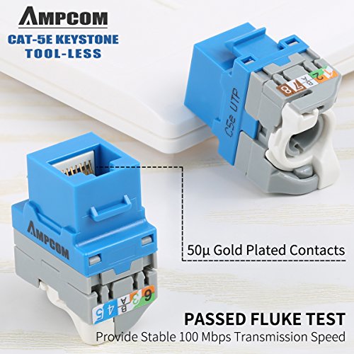 AMPCOM 10-Pack CAT5e RJ45 Tool-Less Keystone Jack, No Punch Down Tool Required UTP Module Connector Blue