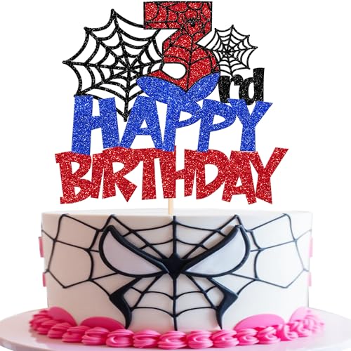 Rsstarxi 1 Pack Happy 3rd Birthday Cake Topper Glitter Spider Web Cake Pick Superhero Spider Party Cake Decorations for Children Kids Boys Happy Third Birthday Party Cake Decorations Supplies