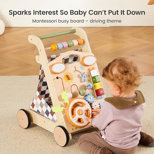 GROWNSY Wooden Baby Walker with Wheels, 3-in-1 Sit-to-Stand Baby Walker with Adjustable Speed, Montessori Push Walker with 7-in-1 Removable Activity Panel, First Birthday Gifts for Boys & Girls - Image 4