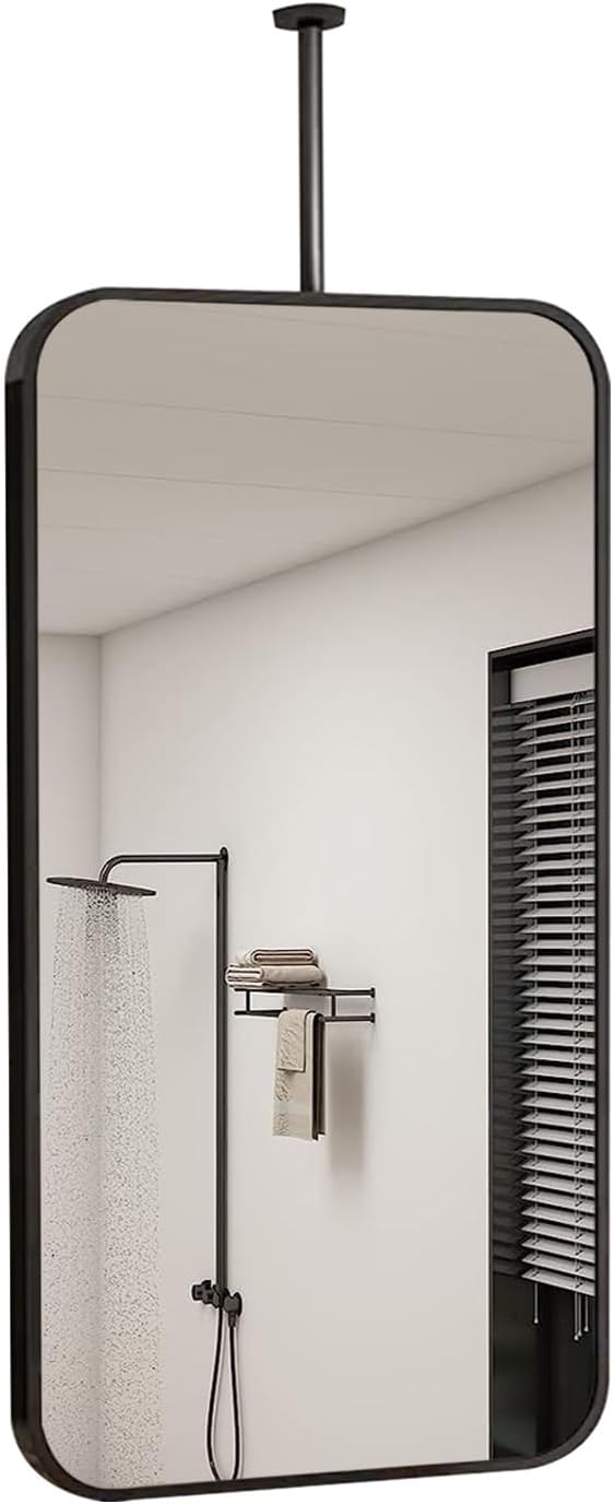 Modern Black Iron Framed Wall Mounted Mirror for Bathroom Entryway Bedroom 40cmx60cm Ceiling Hanging Vanity Mirror for Salon Stylish Suspended Makeup Shaving Mirror(40cmx70cm)