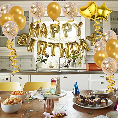 Weika 27 Pcs Gold Birthday Decorations, 3D Foil Happy Birthday Banner 18 Inch Pentagram Heart Foil Balloons Blue Confetti Balloons Kit For Boys Girls Birthday Party Decorations Supplies #TOP4