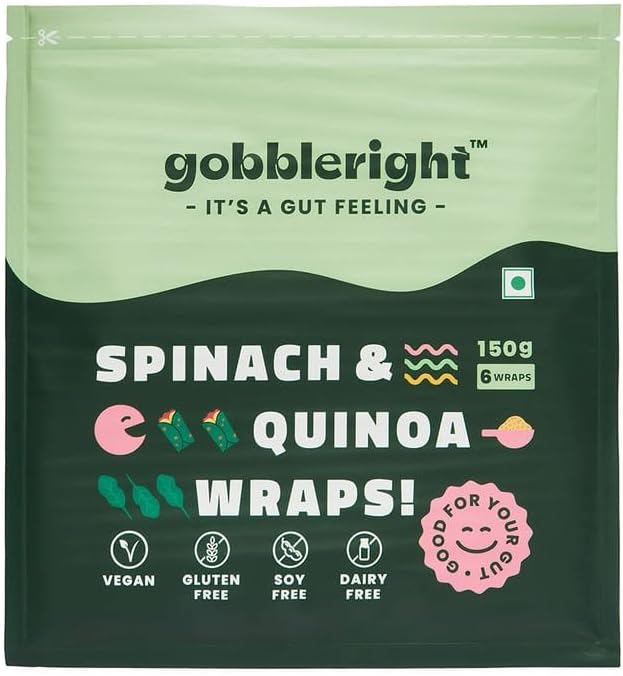 - GOBBLERIGHT Spinach & Quinoa Wrap 150g (6 Wraps - Pack of 1) | Low GI & High in Protein | Plant Based & Fibre Packed | Gluten Free & Vegan | Healthy Frozen Tortilla for Burrito, Wraps, Tacos