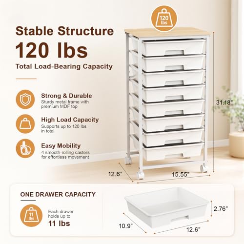 LEHOM Rolling Storage Cart with 8 Drawers, Utility Cart on Wheels with Metal Frame and Wooden Tabletop for Living Room Bedroom Dorm, Office Storage & Art Supply Craft Organizer for Classroom - Image 2