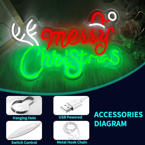 Image of Merry Christmas Neon Sign, JGHTURIE Dimmable Neon Signs for Wall Decor, Light Up Sign for Christmas Party, Bar, Office, Bedroom, or Home Decor - LED Light Signs USB Powered