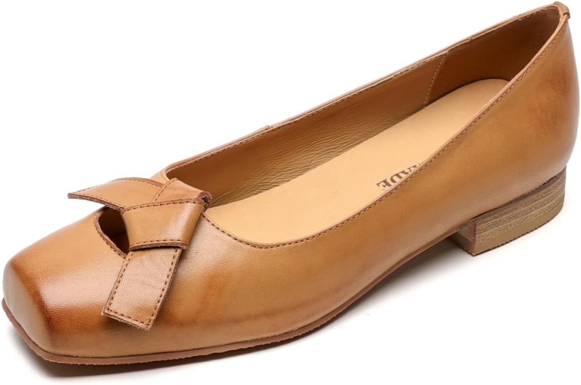 TinaCus Women's Square Toe Genuine Leather Handmade Knot Slip on Comfortable Flat Shoes