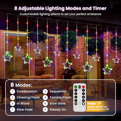 DazSpirit LED Curtain Star String Lights, 12 Stars 3.5m 144 LED Christmas Star Window Light, Remote 8 Modes, Waterproof - Image 3