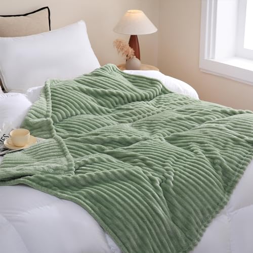 Sage Green Fleece Throw Blanket 50”×60” for Couch Sofa Bed,Super Soft Cozy Plush Microfiber Flannel Blanket with Stripes Design Lightweight for Adults,Woman,Girls - Image 5