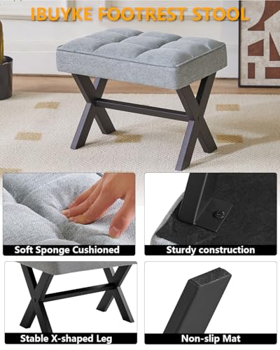 Image of IBUYKE Small 12 inch H Footrest, Square Linen Step Stool, Blue Gray WBD011L | Foot Stool Metal X-Leg Multi-Use Small Side Table Living Room Bedroom Entryway Office