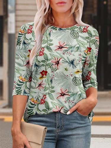 KISSMODA Tunic Tops for Women Loose Fit Dressy Round Neck Pleated 3/4 Length Sleeve Spring Tops