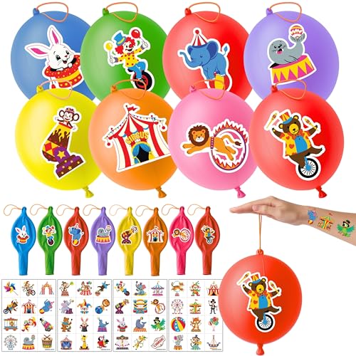 72 PCS Carnival Party Favors for Kids – 48 Pre-Cut Temporary Tattoos & 24 Punch Balloons Themed Birthday Party Decorations Supplies Favors Gifts, Goodie Bag Fillers, Classroom Rewards