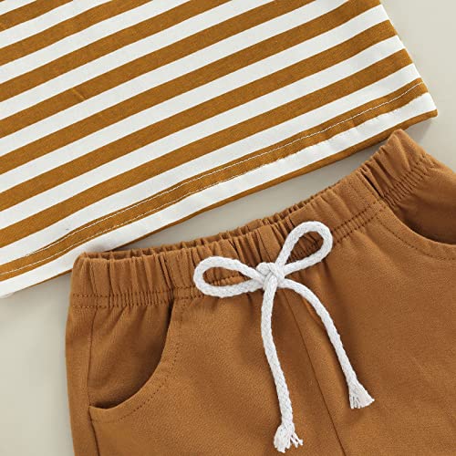Baby Boys Summer Outfits Set Short Sleeve Striped T-Shirt Tops + Solid Color Short Pants 6 12 18 24 Months 2T 3T (A-Brown, 12-18 Months) #TOP4