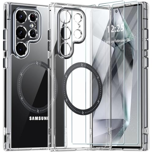 ANTSHARE for Samsung Galaxy S24 Ultra Case, [Anti-Yellowing] S24 Ultra Case [with 2X Tempered Glass Screen Protector] [Military-Grade Drop Protection] Magnetic Phone Case for S24 Ultra - Black
