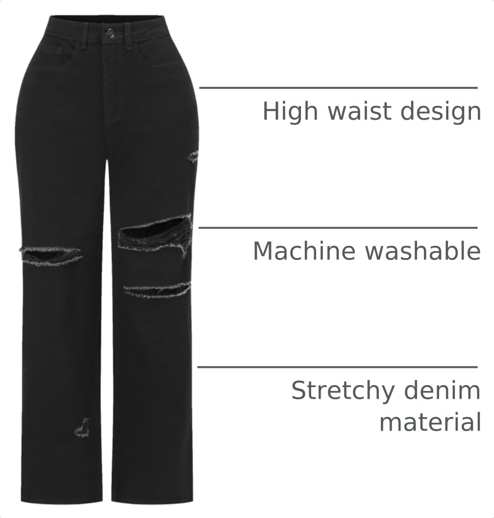  Womens High Waisted Wide Leg Jeans Stretchy Distressed Denim Pants thumbnail