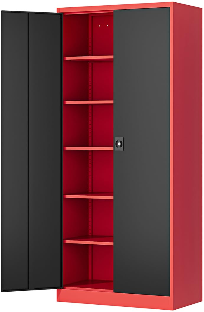 Fesbos Metal Storage Cabinet-71” Tall Steel File Cabinets with Lockable Doors and Adjustable Shelves-Black&Red Steel Storage Cabinet for Home,Kitchen,