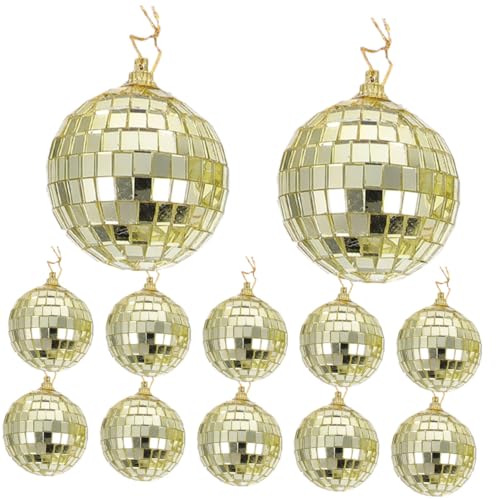 UKCOCO 12 Pezzi Sfere a Specchio da Discoteca in Vetro 6 Cm Oro Cordino, Ornamenti a Forma di Palla per Albero di Natale e Decorazioni Sospese per Feste e Servizi Fotografici