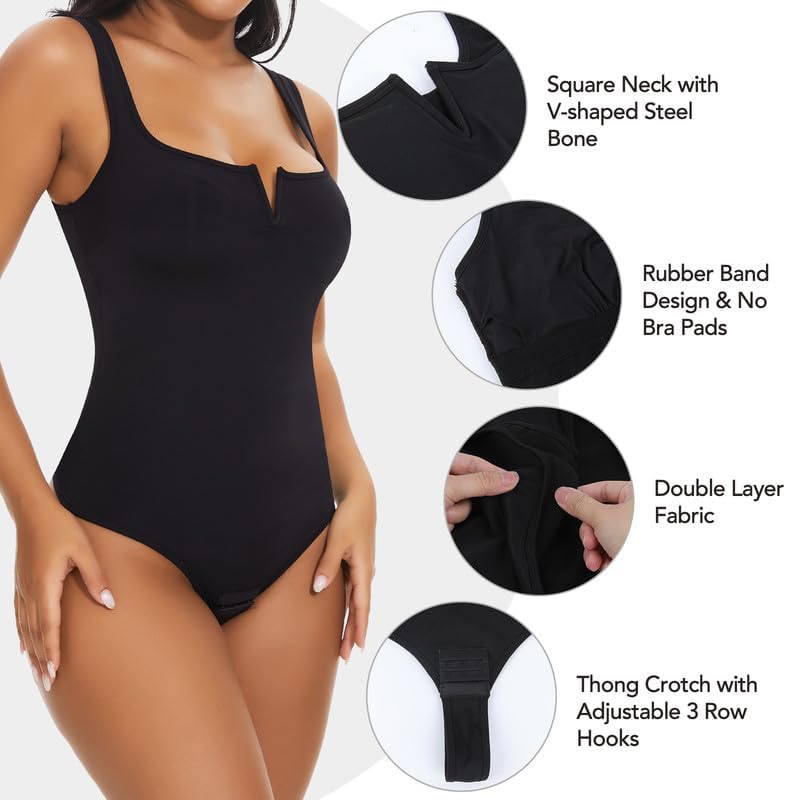 SHAPERIN Women's Notch V Square Neck Sleeveless Bodysuit Tank Tops Tummy Control Shapewear Thong Body Suits Double Lined - Image 2