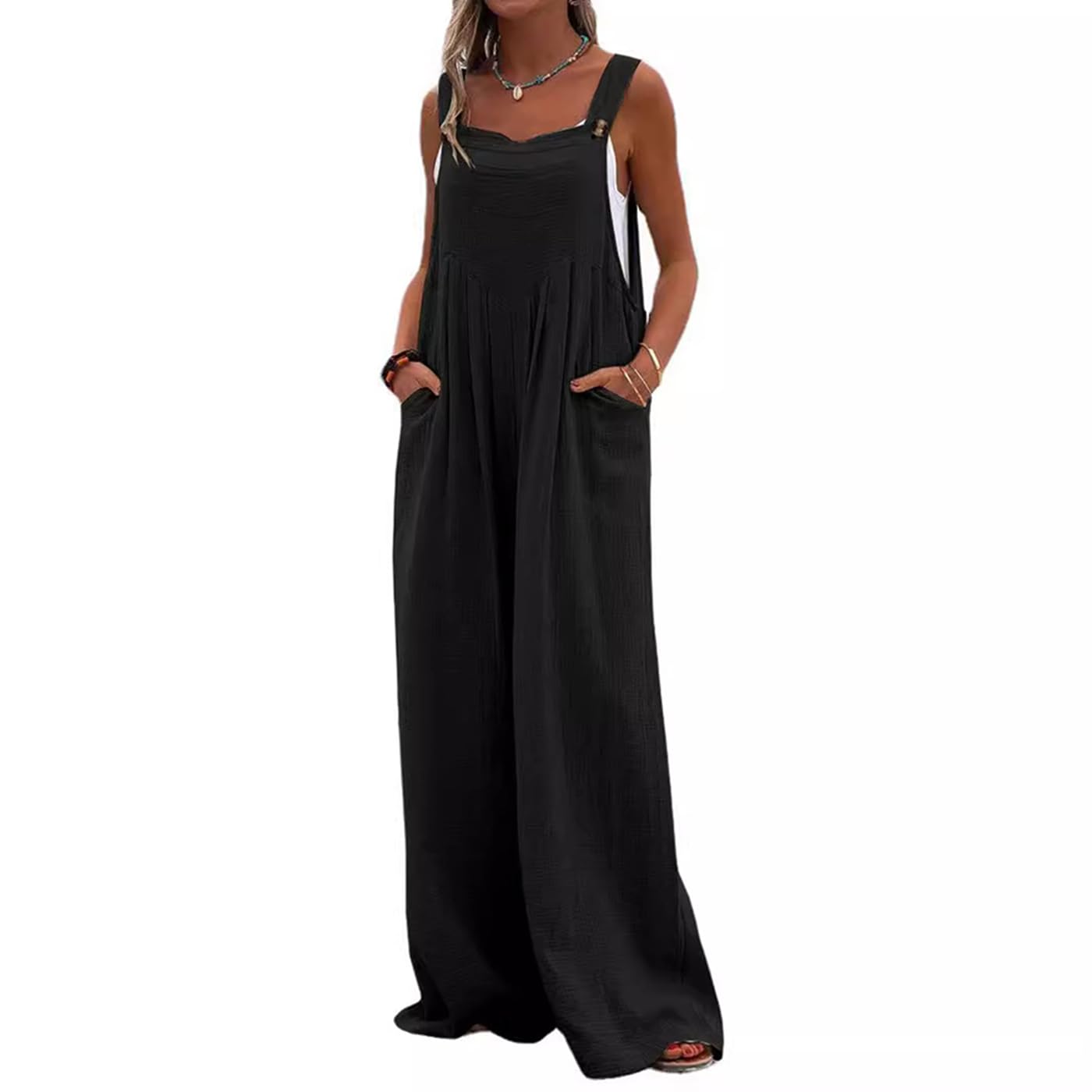 Salopette d'été pour femme - Jambes larges - Avec poches - Combinaison ample décontractée pour femme - Sans manches - Bretelles réglables - Fermeture à boutons