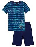 kurzer Schlafanzug für Jungen aus der beliebten SCHIESSER-Nachtwäscheserie Capt´n Sharky T-Shirt mit schmalen und breiten Ringeln in Blau und Tiefsee-Türkis Motiv mit Geisterschiff in Dunkelblau und Türkis am Saum mit rotem 
