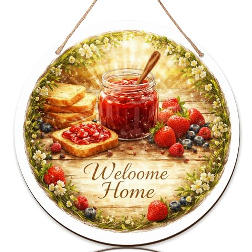 Jam Jar Welcome Sign for Front Door, Rustic Homey Strawberries Blueberries Summer Red Wood Outdoor Porch Welcome Signs Apartment Door Decor Outdoor Entrance Set of 1