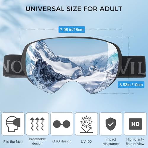 VILLNO Frameless Adult OTG Ski Goggles, Anti-Fog Snowboard Goggles with UV Protection, Snow Goggles for Men Women Silver, Wide View, Interchangeable Lens - Thumbnail 7