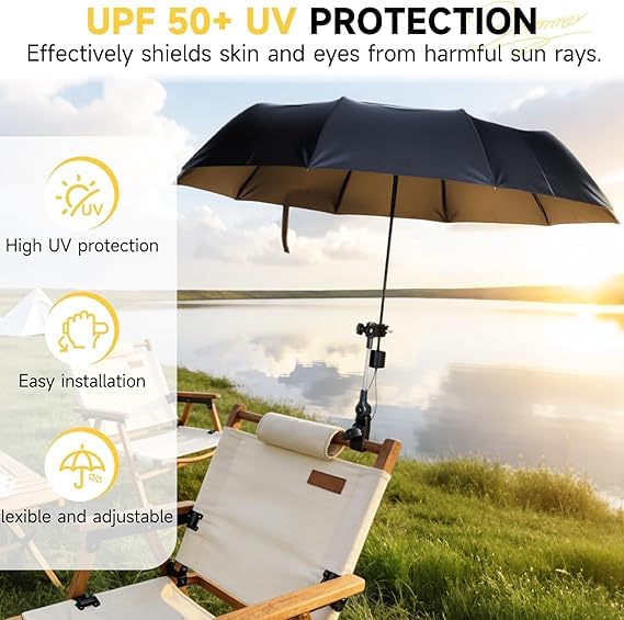 Parasol do Leżaka z Uniwersalnym Regulowanym Uchwytem, Ochrona UV 50+, Przenośny Parasol z Klipsem do Krzesła Kempingowego, Plażowego, Wózka Dziecięcego, Wózka Golfowego i Składanego