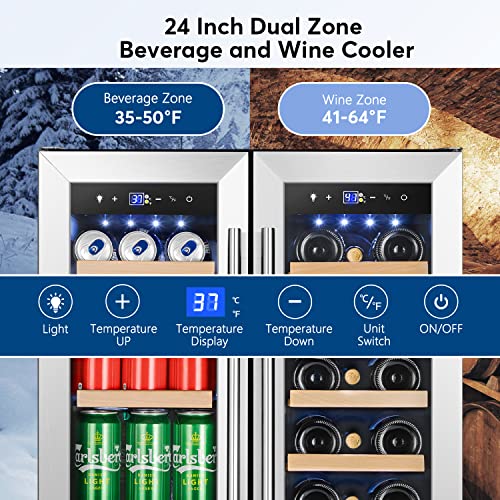 Image of Tylza 24 inch Dual Zone Wine and Beverage Cooler Quiet Compressor | Dual zone, quiet <38dB, fast cool, smart touch, temp memory, built-in /free, 20 wine+88 cans