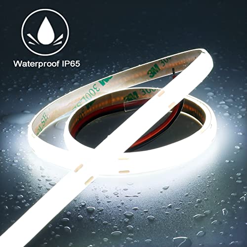 TOPAI 12V COB LED Strip Light 6000K Cool White Waterproof IP65 480LEDs/M Super Bright 4000Lm CRI>90 16.4ft/5M Self Adhesive Dotless Cuttable Flexible for Bedroom Cabinet DIY Lighting by TOPAI - Image 2