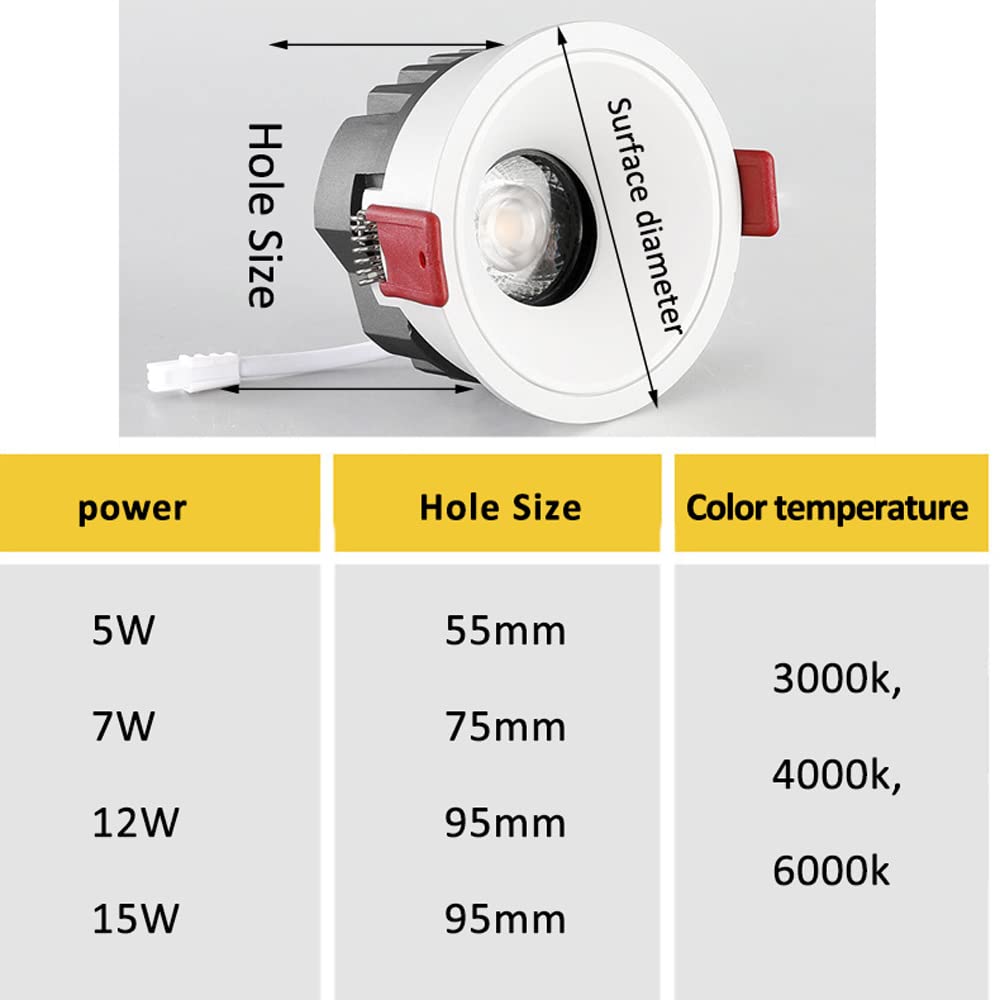 Obrotowa lampa LED bez gałki ocznej, zestaw 6,5/7/12/15 W, jasność, 5 cm, 6,3 cm, 7,6 cm, 10 cm, regulowany, okrągły, biały, panel sufitowy, 3000 k (12-3000 k