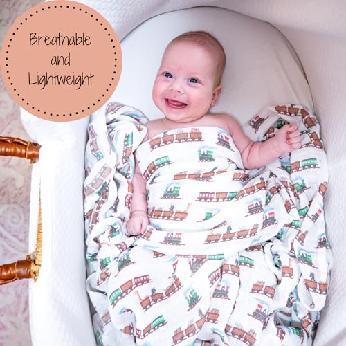 Image of LollyBanks Muslin Swaddle Blankets, 100% Cotton Baby Blanket for Boys and Girls, Soft and Lightweight 47 x 47 Inches Infant Swaddle, Gentle Newborn Blankets, Baby Essentials (Animal Train Print)