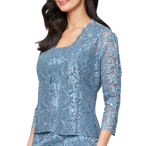Image of S.L. Fashions Women's Tea Length Sequin Lace Mother of The Bride Dress with Illusion Sleeve Jacket