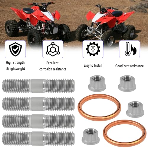 Image of Titanium Studs Head Bolt & Gaskets for TRX400X XR400R TRX400EX | 90301-HM8-000, 18291-MN5-650, Sportrax 400, 400ex 2x4 studs Nuts