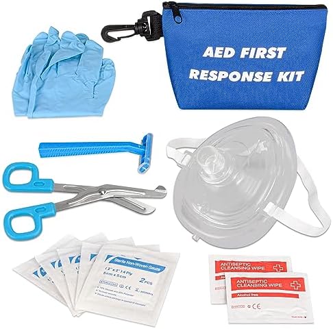 Skillssist AED First Responder Kit with CPR Rescue Mask, Disposable Razor, EMT Trauma Shears, Gloves, Gauze Pads, Cleaning Wipes for AED Training, CPR AED First Aid Accessory Kit with Blue Nylon Bag