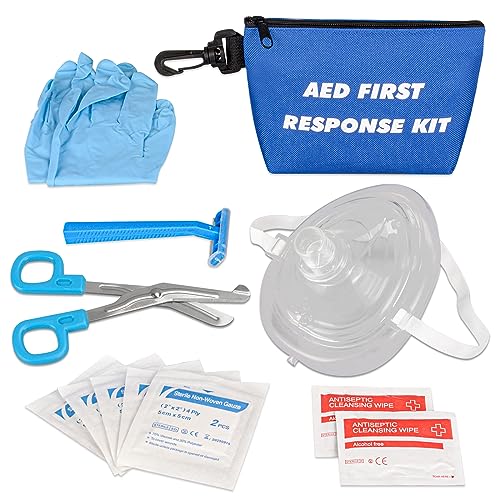 AED First Responder Kit with CPR Rescue Mask, Disposable Razor, EMT Trauma Shears, Gloves, Gauze Pads, Antiseptic Wipes for AED Training, CPR AED First Aid Accessory Kit with Blue Nylon Bag