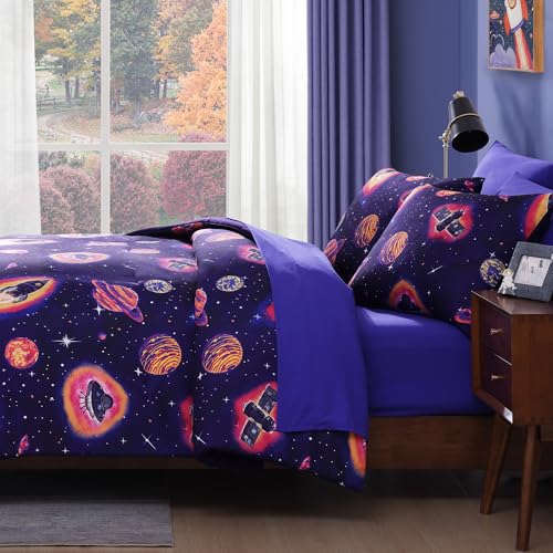 Full Size Comforter Set for Boys-7 Pieces Space Rocket Full Bedding Sets for Kids, Ultra Soft Bed in A Bag with Sheets