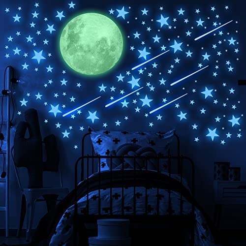 Image of Glow in The Dark Stars and Moon for Ceiling, Luminous Star and Moon Wall Decal, Wall Decor, Sticky Fluorescence Stars, Gift for boy and Girl Perfect for Kids Nursery Bedroom Living Room(Blue)