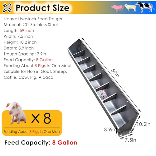 Mangiatoia per bestiame, mangiatoia per capre, 50,8 cm, 99,1 cm, 149,9 cm, 200,7 cm, dispenser per fieno appeso/terra, resistente in acciaio inox, per pecore, mangiatoia per 4/5/8/10 capre, per