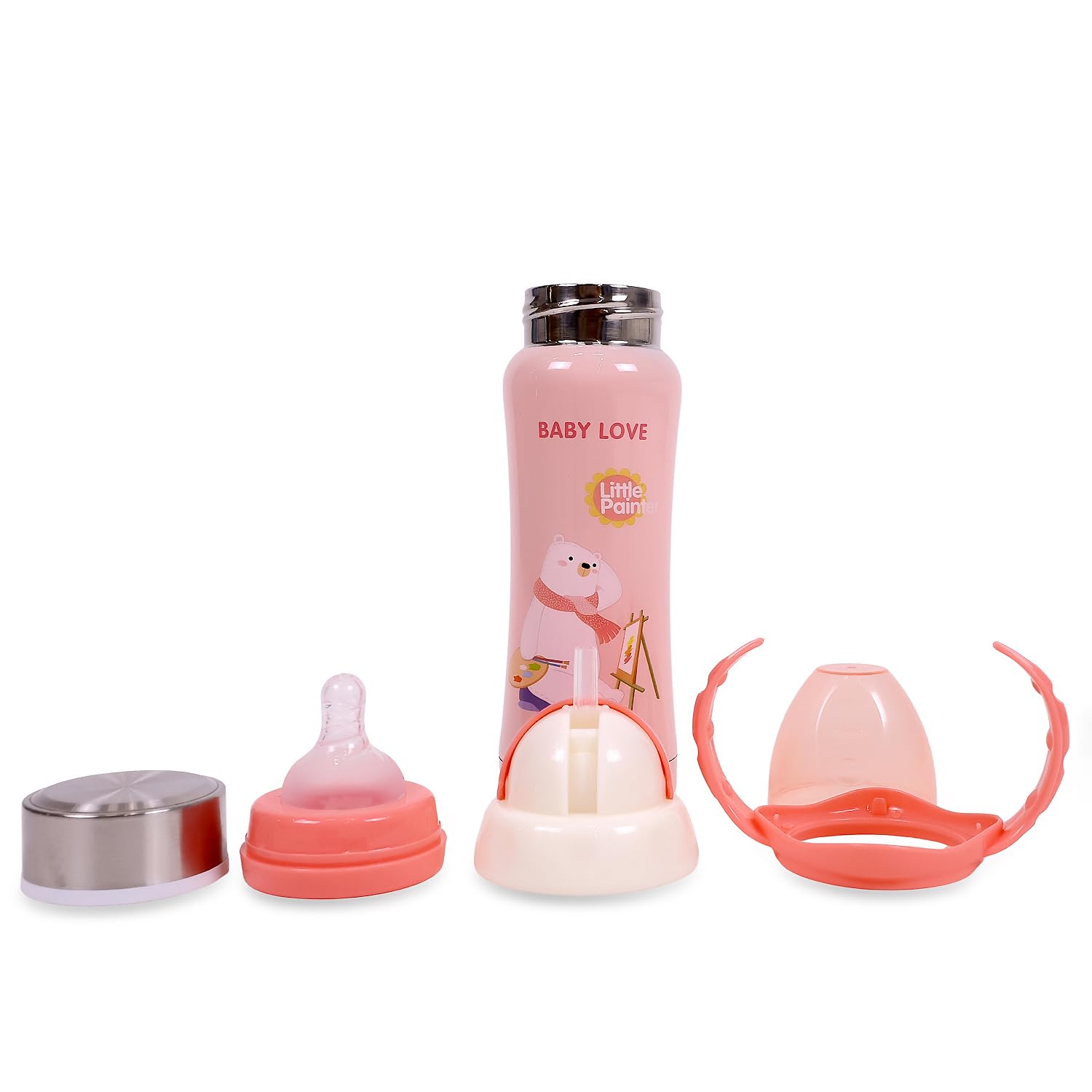3in1 Anti-Colic Printed Baby Bottle with Soft Silicone Nipple, Sipper & Straw – 240 ml | Ideal for Newborn & Toddlers Upto 3 Years | BPA Free Stainless Steel – Pink