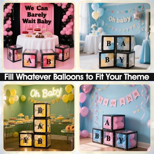 Image of Ledido Baby Boxes with Letters for Baby Shower Decorations, 4 pcs Clear Balloon Boxes with Letters for Boys Girls Gender Reveal Decorations Birthday Wedding Backdrop Party (Black Glitter)