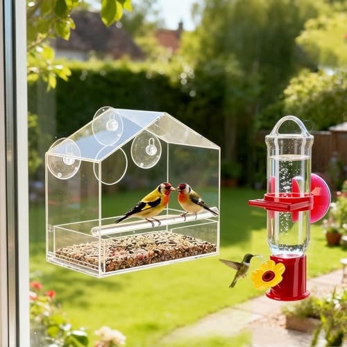 Window Bird Feeder with Hummingbird Waterer（2-Piece Set） - Extra-Large Window